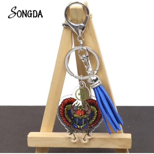 Symbol of Strength Pendant Egypt Amulet Egipto Tassel Acrylic Keychain Retro Egyptian Scarab Key Ring Double Sided Jewelry Gifts