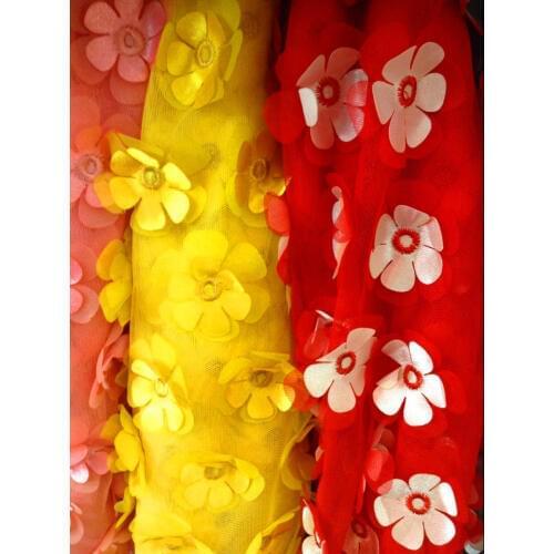 Stereo guipure flower children lace fabric,soft nylon net and colorful satin flower,XERY13561