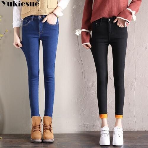 Warm Winter Plus Size Slim Jeans Women Stretch Cotton Denim Pants Thick Fleece Student Trousers Blue Black Gray Plus size