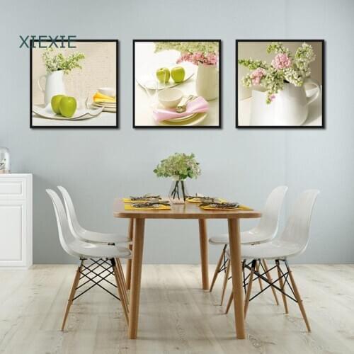 Dining Table Vase Canvas Painting Pink White Flower Green Apple Tableware Print Posters Wall Art for Living Room House Decor