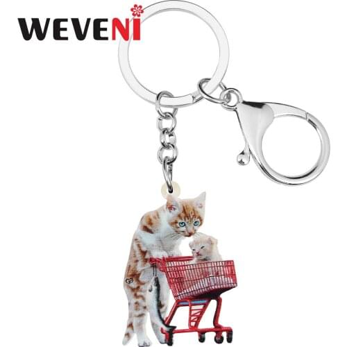 WEVENI Acrylic Sweet Cat Kitten Cart Car Keychains Ring Fashion Car Purse Key Chain Charms Unique Gifts Jewelry For Women Girls