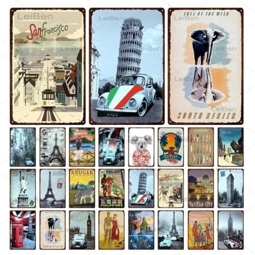 Tourist City Retro Metal Plaque Abstract Landscape Tin Sign Eiffel Tower Elizabeth Tower Building Iron Painting Home Decoration