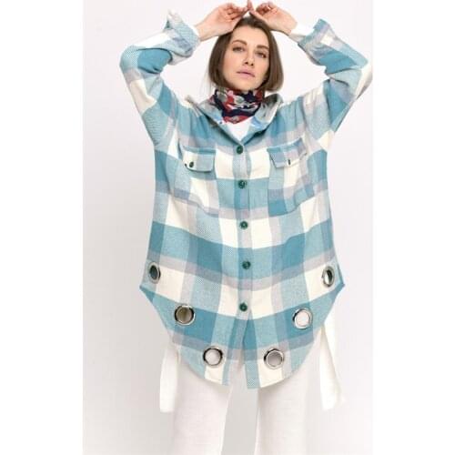 Very Stylish Ring Detailed Turquoise Color Plaid Patterned Cotton Fabric Shirt For Women 2021 Winter Fashion Clothing Xs To 3xl