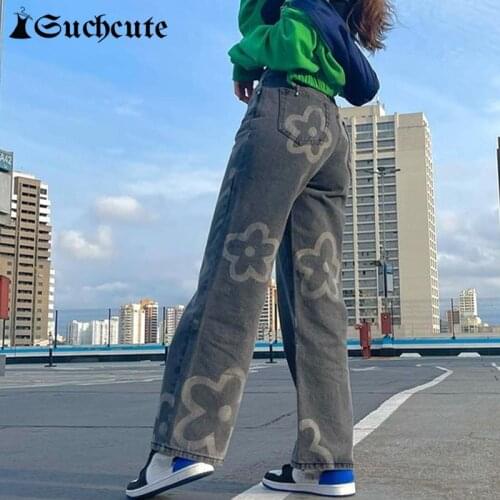 SUCHCUTE Vintage Floral Print Women Jeans Harajuku Casual Hight Waist Streetwear Wide Leg Pants Y2K Kawaii Denim Trousers Autumn