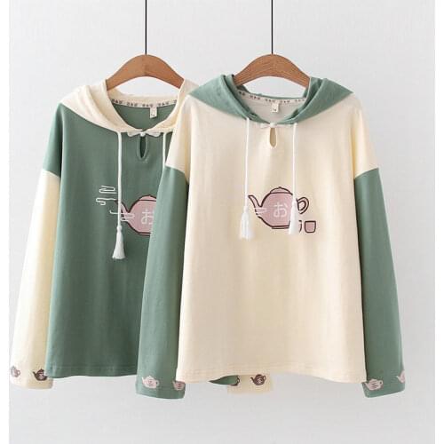 Preppy Style Cotton Sweatshirts Women 2021 Summer New Color Matching Loose Patchwork Hoodies Cartoon Print Long Sleeve Pullover