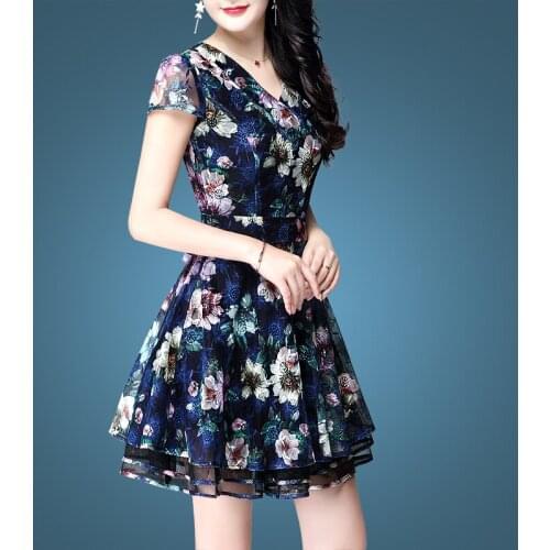 M-4XL Plus Size Women Embroidery Flowers With Belt Above Knee Slim Empire Elegant Vintage Party Cocktail Dresses 9750