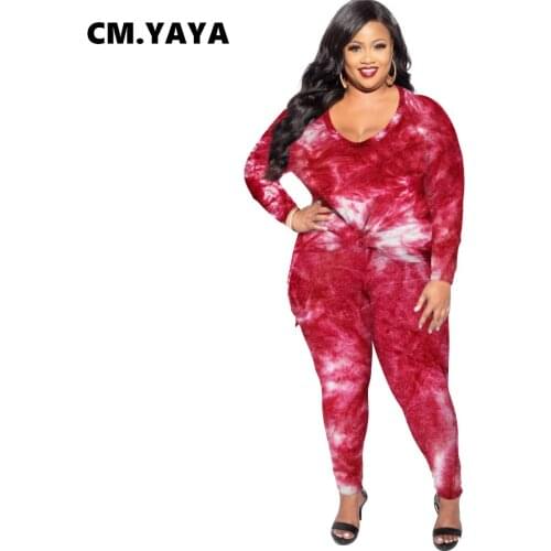 CM.YAYA Plus Size XL-5XL Tie Dye Print Velvet Women Set Sweatshirt Pants Matching Set Tracksuit Fitness Two 2 Piece Set Outfit