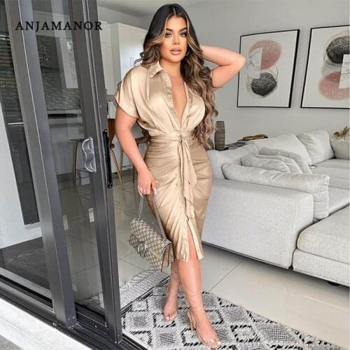 ANJAMANOR Solid Color Satin Button Up Shirt Dresses for Women Fall 2021 Elegant Office Short Sleeve Midi Dress D74-DE19