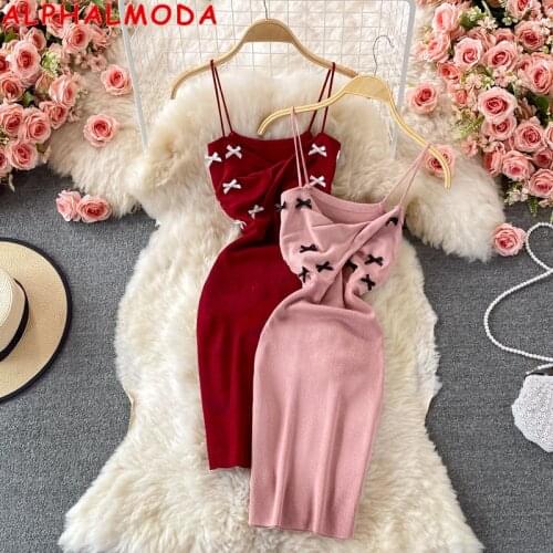 ALPHALMODA French Pleated V-neck Suspender Dress Summer 2021 Bow Elastic Tight Skinny Knitted Wrap Dress