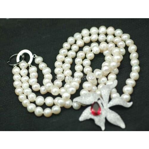 2rows white freshwater pearl near round and red flower pendant necklace 20-22inch wholesale beads