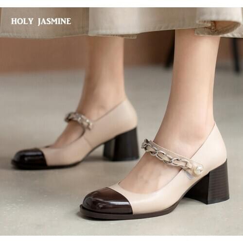 2021 Summer New Women Mary Janes Shoes Genuine Leather Round Toe High Heels Buckle Strap Shoes Casual Girl Dress Shoes Spring
