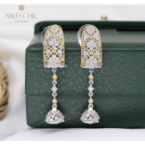 925 Sterling Silver Renaissance Dangling Earring CZ Traditional Engraving Symmetrical Earrings Chain Wedding Studs C11E4S25683