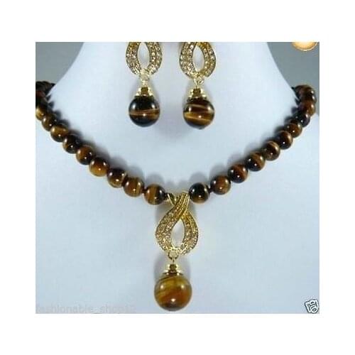 Nobility Quartz crystal 10MM tigers eye gem*stone beads necklace earring set 18Inch