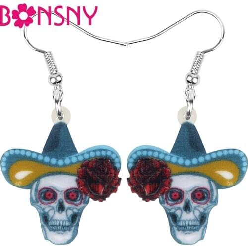 Bonsny Acrylic Halloween Skeleton Skull Earrings Print Hat Rose Dangle Drop Jewellery For Women Girl Friends Retro Festival Gift