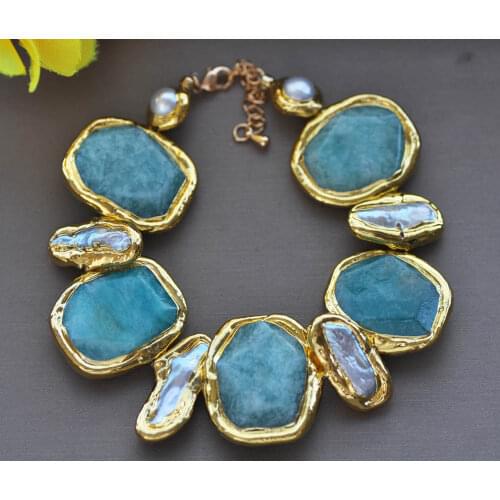 Z11085 8" 30mm Square Amazonite White Biwa Pearl Gold plated Bracelet