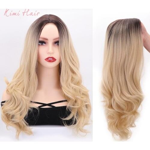 Kimi Hair Long Wavy Wigs Ombre Blonde Wigs Middle Part Synthetic Wigs for Women Grey Heat Resistant Fiber Hair