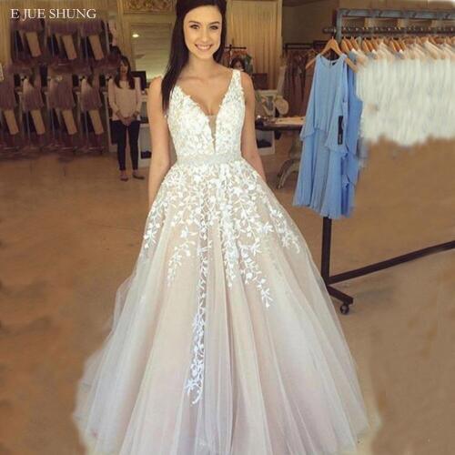 E JUE SHUNG Vintage Lace Appliques Backless Wedding Dresses 2019 Deep V-neck Beaded Wedding Gowns Bride Dresses abito da sposa