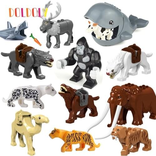 DOLDOLY Animal Building Blocks Bricks Shark Leopards Tiger Giraffe Bear Wolf Jurrassic Dinosaur Mini Figure Toy for Children
