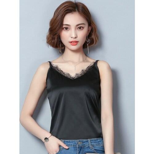 New fashion Women Spring Summer sexy Spliced lace V-Neck Camis tank tops Sleeveless lady casual all-match Satin vest