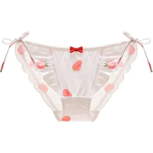 2021New Cute Printed Strawberry Thin Section Womens Underwear High Elastic Lace Bow Breathable Pure Cotton Female Pantie A83