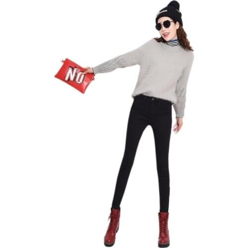 New 2021Autumn Winter High quality Womens Jeans High waist Elastic slim Womens Pants Plus velvet Thick Warm Casual Female Pant