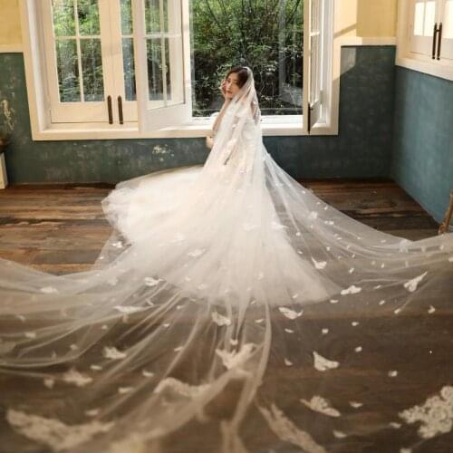 2021 New Real Photos Lace 2 Layers Long Wedding Veil 2 T Nature White Champange Bridal Veil With Blusher Comb Voile De Mariee