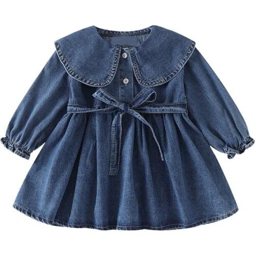 Autumn Baby Girls Sweet Girls Dress Fashion Denim Skirt Childrens Ruffled Collar Princess Dress Kids