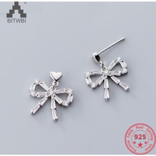 Korea Hot Style 925 Sterling Silver Fashion Lovely Sweet Bowknot Natural Zircon Crystal Stud Earring
