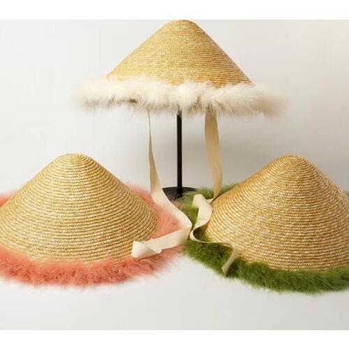 New Fashion Women Straw Hat with Fascinatin Feather Trimed Summer Hats Elegant Kentucky Derby Sun Hat Wide Brim Beach Hats
