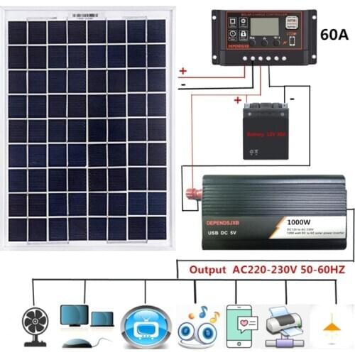 18V 20W Solar Panel Power System + 12V / 24V Digital Controller + 1000W Inverter Kit for Outdoor Home Energy Saving Generation