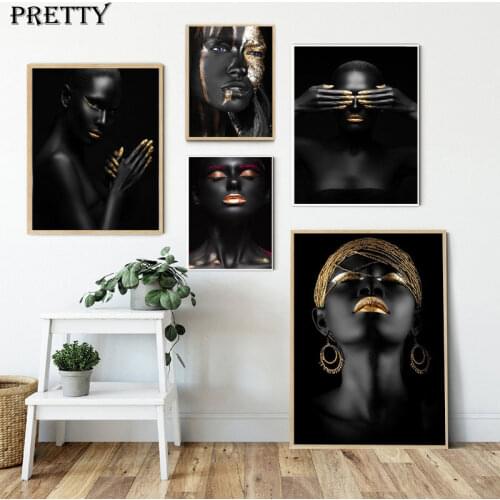 Scandinavian Decorative Paintings African Art Black and Gold Woman Canvas Painting Light Luxury Figure Posters Wall Art Pictures