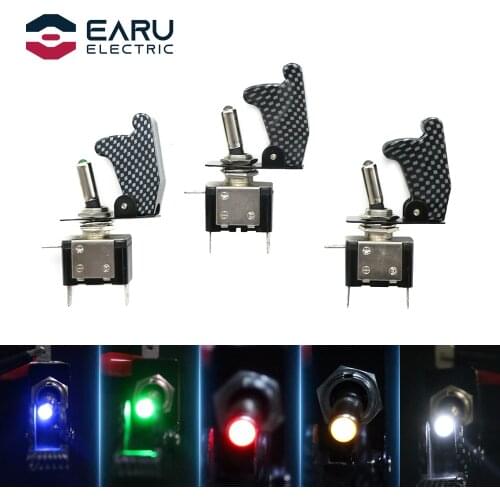 12V 20A Auto Car Boat Truck Illuminated Led Toggle Switch With Carbon Fiber Safety Aircraft Flip Up Cover Guard Red Blue Green
