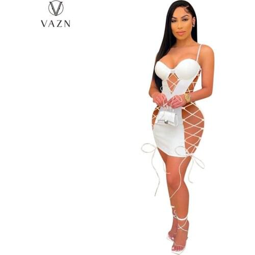 VAZN Top Quality 2021 Sexy Sleeveless V-neck Party Cocktail Dress Women Elegant Fashion Slim Dress Club Birthday Shinny Dress