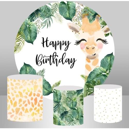 Green Leaves Cartoon Animals Giraffe Baby Shower Photo Background Customize Happy Birthday Safari Round Backdrop Circle Banner