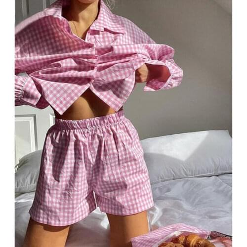 Womens Home Clothes Lounge Wear Pajamas Pink Plaid Long Sleeve Shirt Tops and High Waisted Mini Shorts Two Piece Set Tracksuit