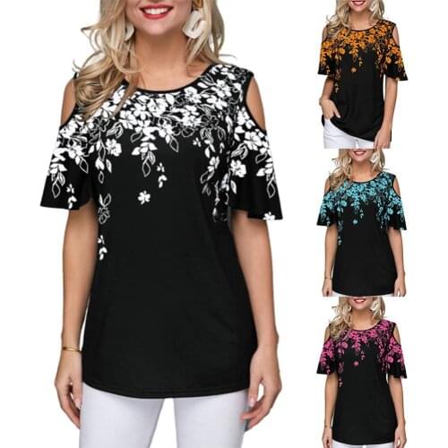 Women Sexy Short Sleeve O Neck Leaves Floral Print Cold Shoulder Loose T-shirt