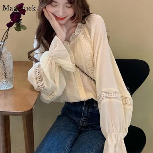 New Retro Hollow Out Lace Blouse Women Plus Size Spring Chiffon Shirt Korean Long Sleeve New Fashion Ruffle Blouse Blusas 14685