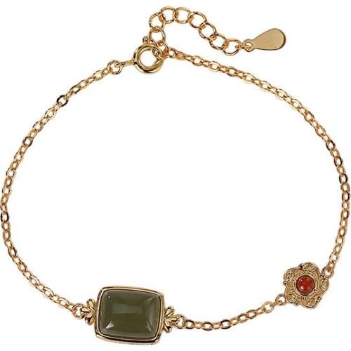 925 sterling silver gold plated natural Hetian gray jade bracelet retro national trend plum blossom square plate ladies Bracelet
