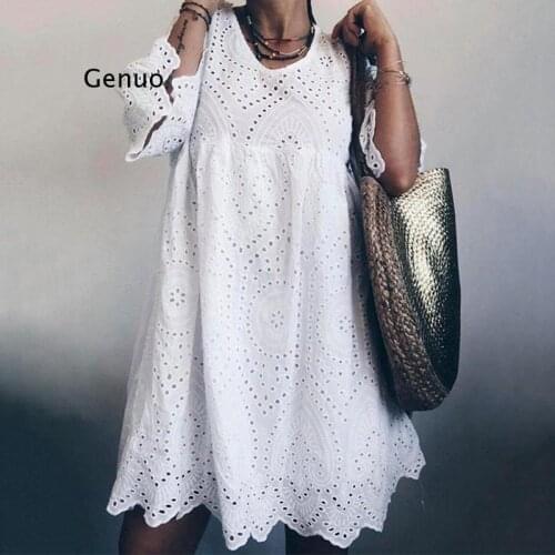 Bohemain Lace Dress Womens Summer Sundress Fashion Flare Sleeve Knee Length Vestidos Female Hollow Cotton Robe 5Xl