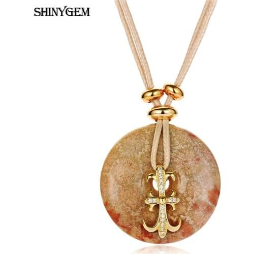 ShinyGem Lucky Big Round Natural Coral texture Stone Pendant Necklace For Women Gift Handmade Beige Leather Necklace Adjustable