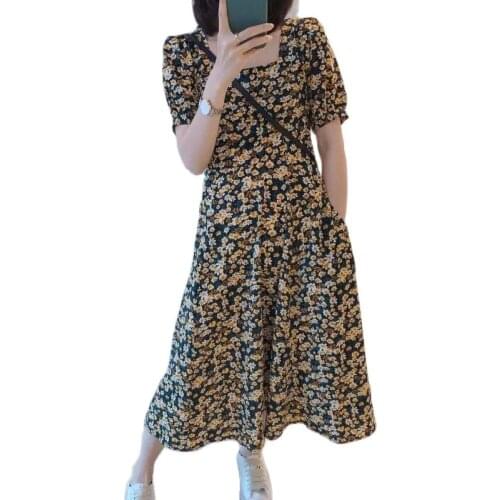 2021 spring/summer new floral skirt waist square collar loose short sleeve casual fashion dress