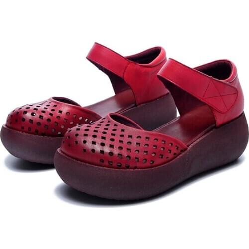 2020 New Summer Retro Hollow Genuine Leather Sandals Fashion Casual Sandals Thick Bottom Non-slip Wedge Sandals Women Sandals