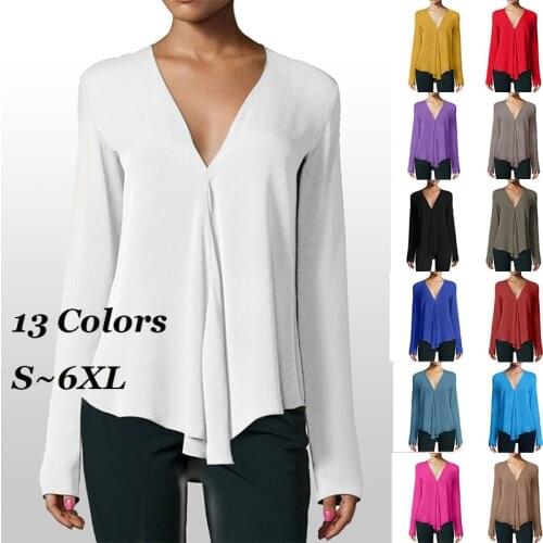 2021 Summer Multicolor Large Size V-neck Long-Sleeved Chiffon Shirt Womens Solid Color