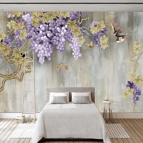 Custom 3D Wallpaper Modern Hand Painted Grape Vine Flowers And Birds Photo Wall Mural Living Room Study Papel De Parede Frescoes