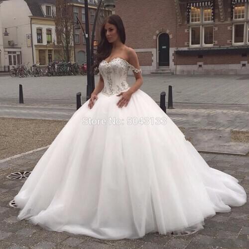 Ball Gown Wedding Dresses with Sequined Appliques 2021 Sexy Sweetheart Lace Straps Fluffy Tulle Bridal Gowns Corset Bride Dress