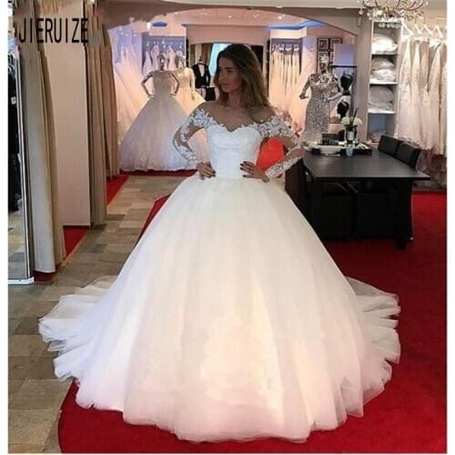 JIERUIZE White Beaded Ball Wedding Gowns Long Sleeve Sweetheart Neck Wedding Dresses Lace Appliques Vestido De Noiva