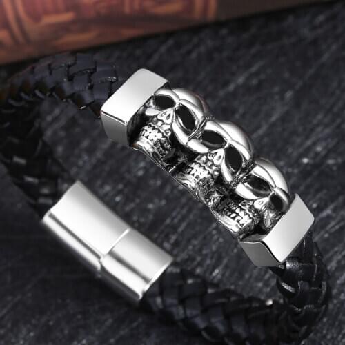 LAMEMDEE Skull stainless steel bracelet with ghost men braided leather bracelet bracelet with multi-layer leather by hand