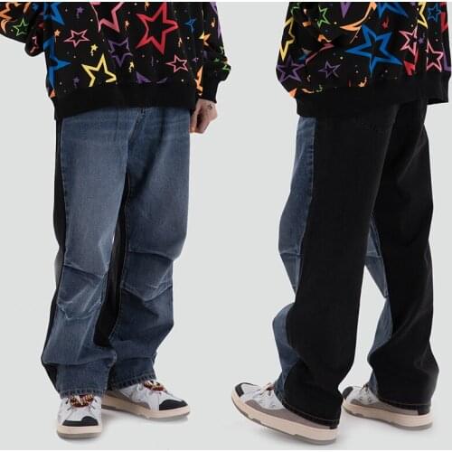 High Street Color Match Frayed Washed Jeans Men and Women Straight Retro Harajuku Casual Denim Trousers Loose Spliced Jean Pants