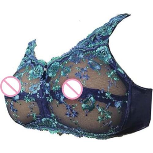 Blue Lace See-Through Pocket Bra Sexy Floral Embroidery Underwear for Silicone Breast Pads Crossdress Cosplay Mastectomy Ajusen