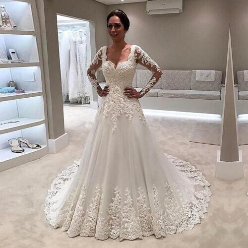 H278 Sexy V Neck Lace A Line Wedding Dress 2021 Ivory Appliques Full Back Muslim Bridal Wedding Gowns Custom Made Dubai Dresses